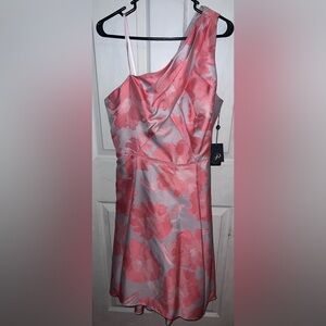 Adrianna Papell one shoulder peach floral party dress S 16